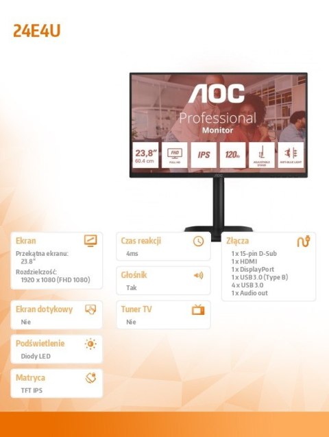 Monitor 24E4U 23.8 cala IPS 120Hz HDMI DP VGA Pivot Głośniki Monitor 24E4U 23.8 cala IPS 120Hz HDMI DP VGA Pivot Głośniki