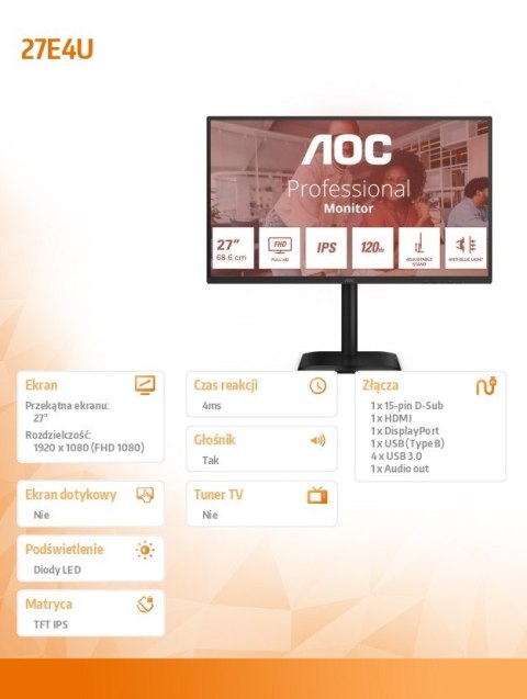 Monitor 27E4U 27 cali IPS 120Hz HDMI DP VGA Pivot Monitor 27E4U 27 cali IPS 120Hz HDMI DP VGA Pivot