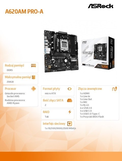Płyta główna A620AM PRO-A AM5 4DDR5 HDMI M.2 mATX Płyta główna A620AM PRO-A AM5 4DDR5 HDMI M.2 mATX