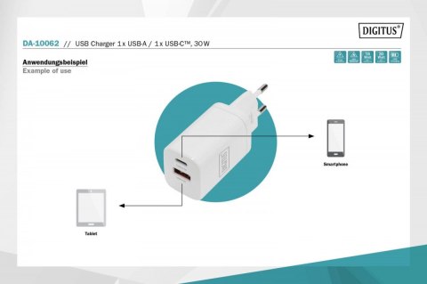 Ładowarka sieciowa zasilacz 1x USB-A 12W 1x USB-C 18W PD 3.0 max. 30W Biała Ładowarka sieciowa zasilacz 1x USB-A 12W 1x USB-C 18W PD 3.0 max. 30W Biała